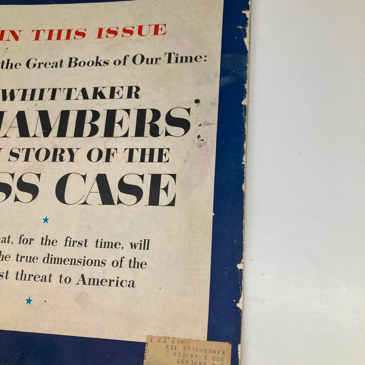 Close-up view of the cover of Saturday Evening Post Magazine February 9, 1952, highlighting the title about Whittaker Chambers' story of the Hiss case.