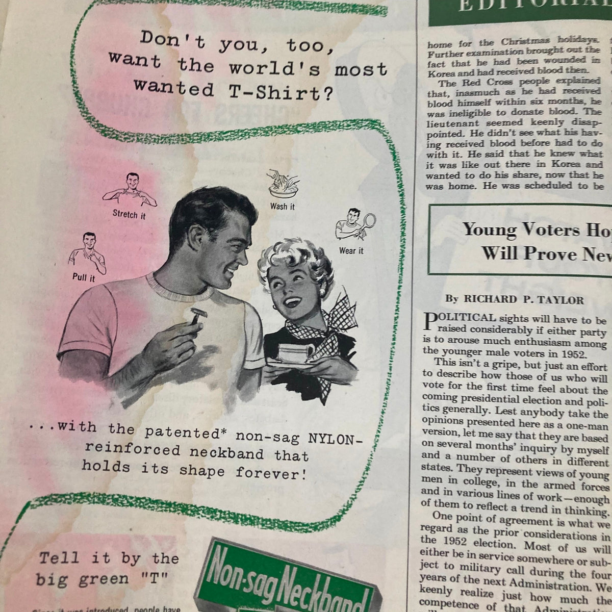 Vintage advertisement from the Saturday Evening Post Magazine February 9 1952 promoting a non-sag T-shirt with two models showcasing the product.