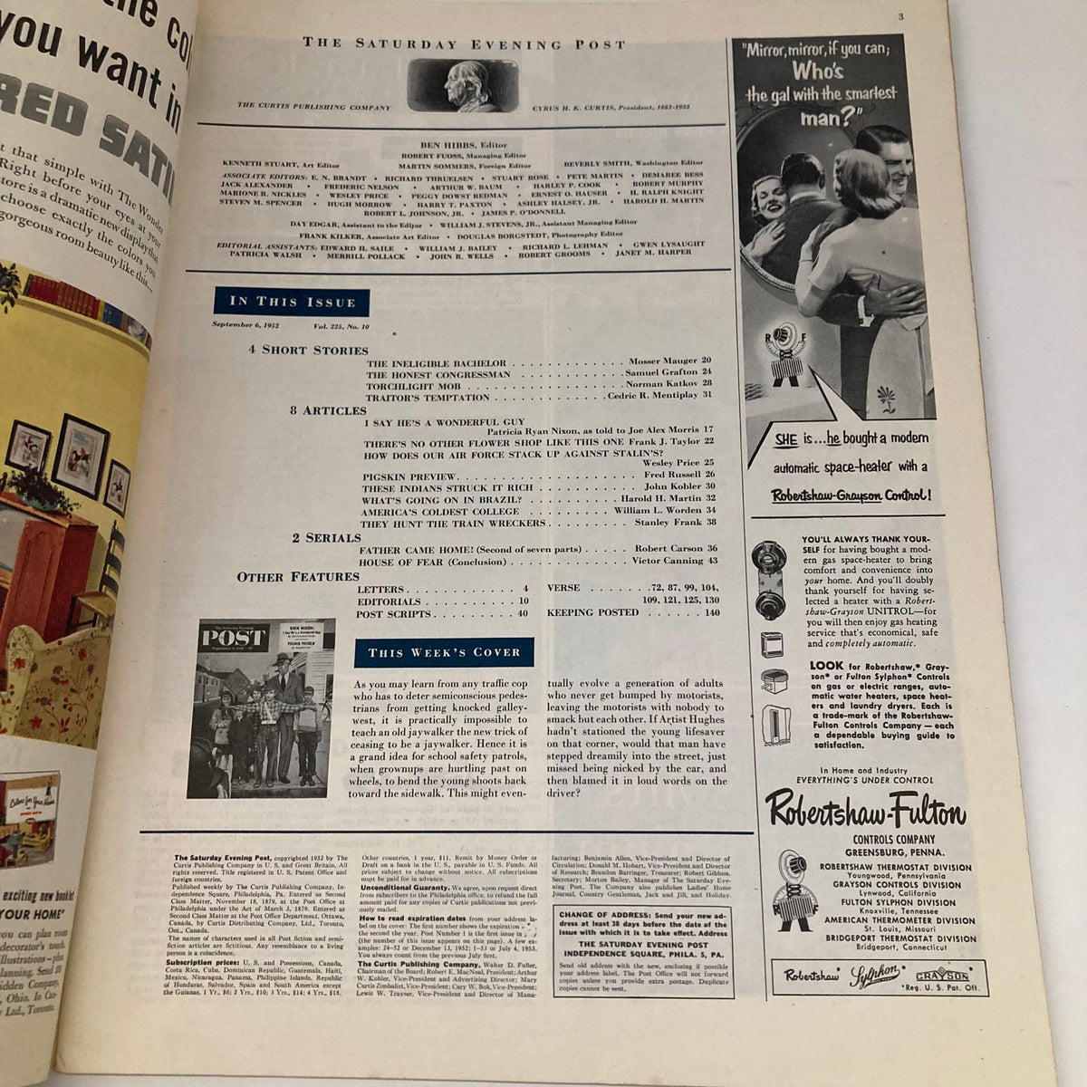 Inside page of the Saturday Evening Post Magazine, September 6, 1952, showcasing the table of contents and articles including 'Dick Nixon: I Say He's a Wonderful Guy'.