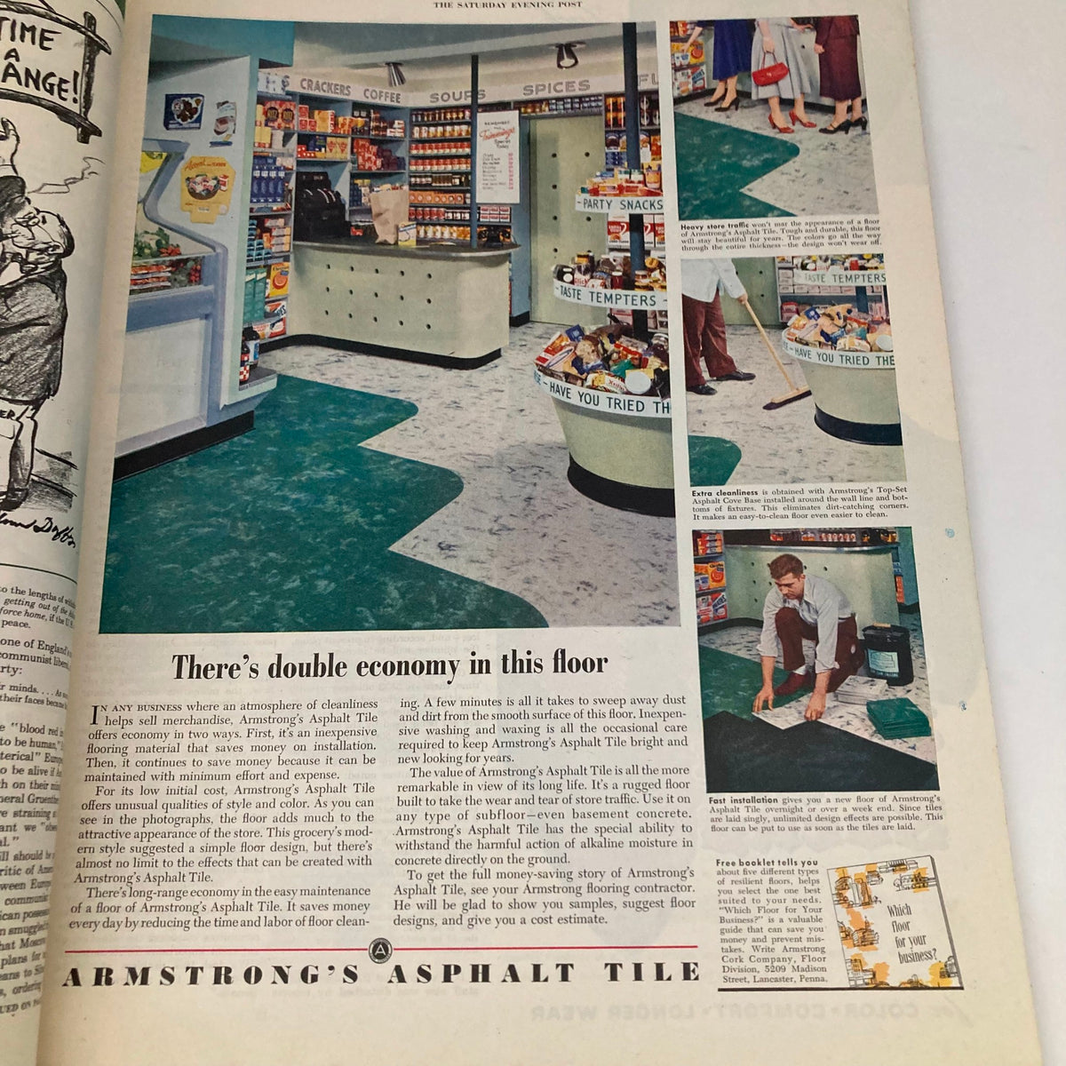 Advertisement page from the Saturday Evening Post Magazine, September 6, 1952, featuring Armstrong’s Asphalt Tile and promotional images of a clean store interior.