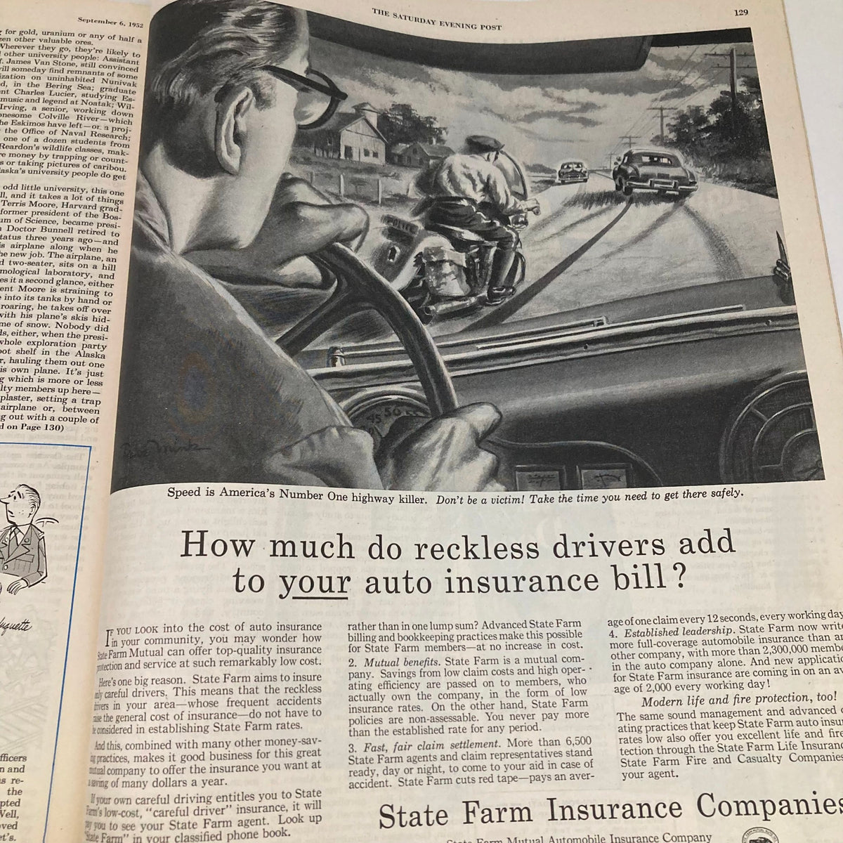Interior page of Saturday Evening Post Magazine September 6 1952 depicting an automobile safety article with an illustration of a driver looking out of the car, emphasizing road safety.