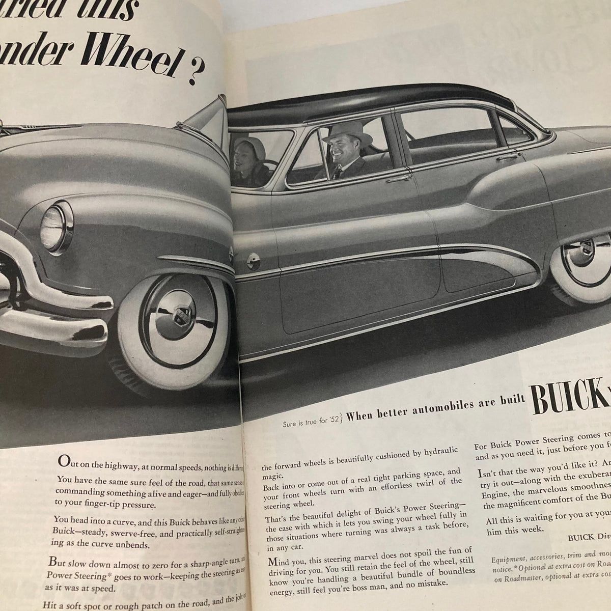 Automobile advertisement from the Saturday Evening Post Magazine, November 29, 1952, showcasing Buick's power steering feature with a sleek car design.