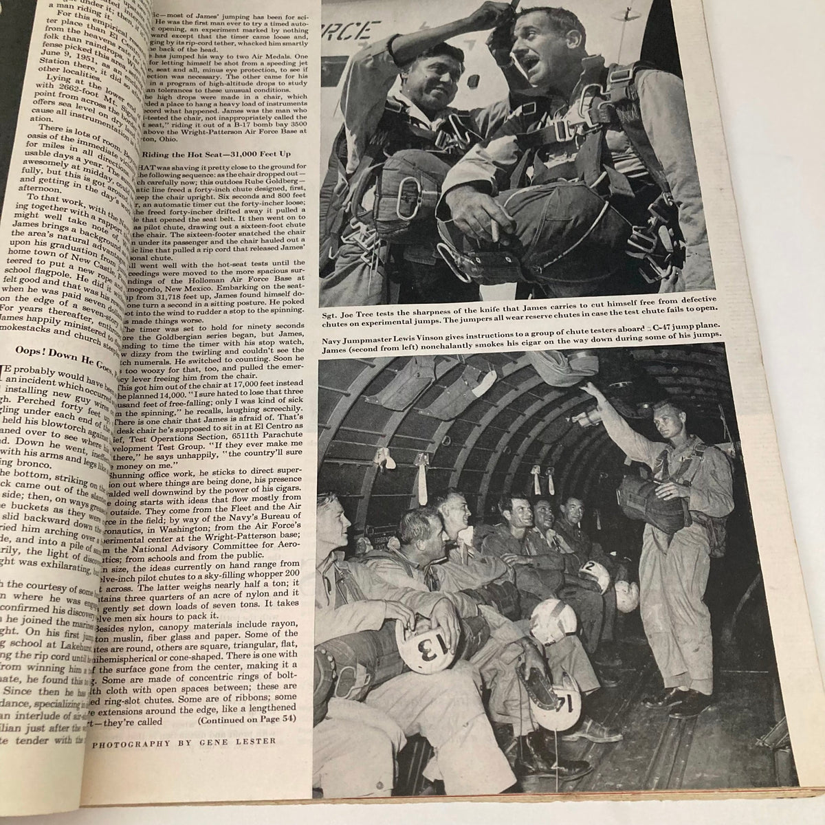 Article from the Saturday Evening Post Magazine, November 29, 1952, featuring Navy parachutists preparing for a jump inside a military aircraft.