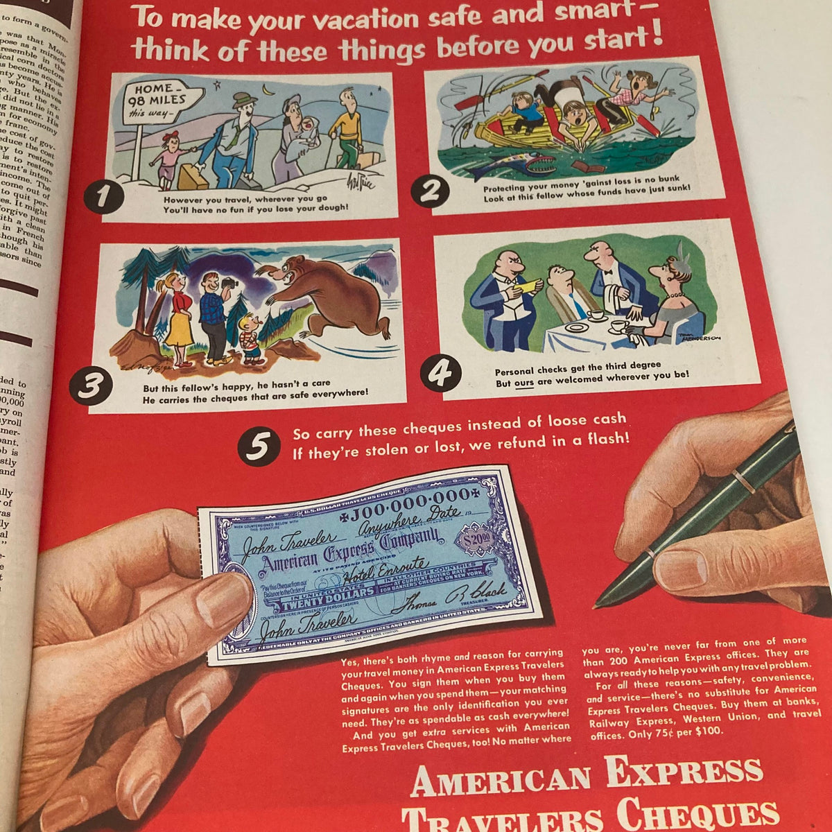 Advertisement in the Saturday Evening Post Magazine June 21 1952 promoting American Express Travelers Cheques with humorous illustrations.