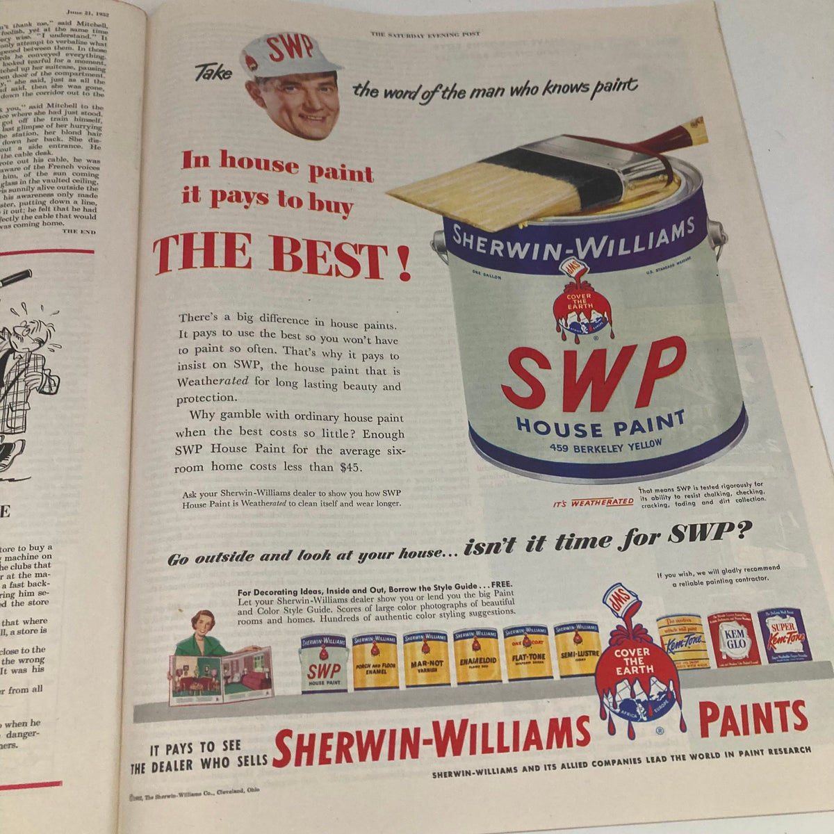 Sherwin-Williams house paint advertisement from the Saturday Evening Post Magazine June 21 1952 highlighting the benefits of quality paint.