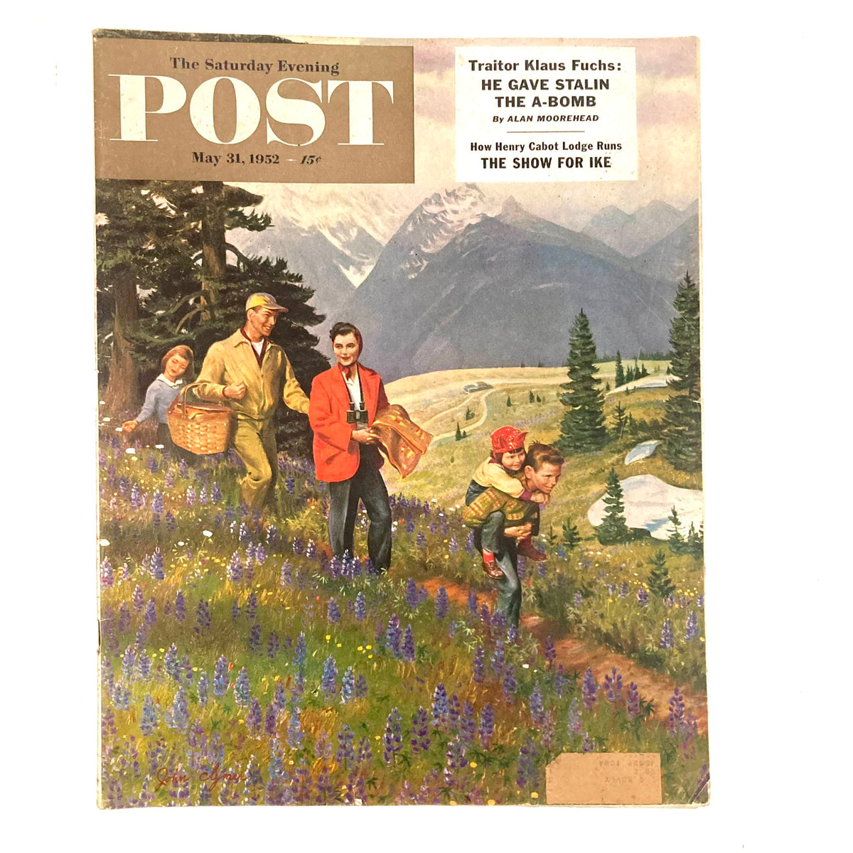 Cover of Saturday Evening Post Magazine dated May 31, 1952 featuring a picturesque illustration of the Olympic Mountains by John Clymer with family enjoying nature.