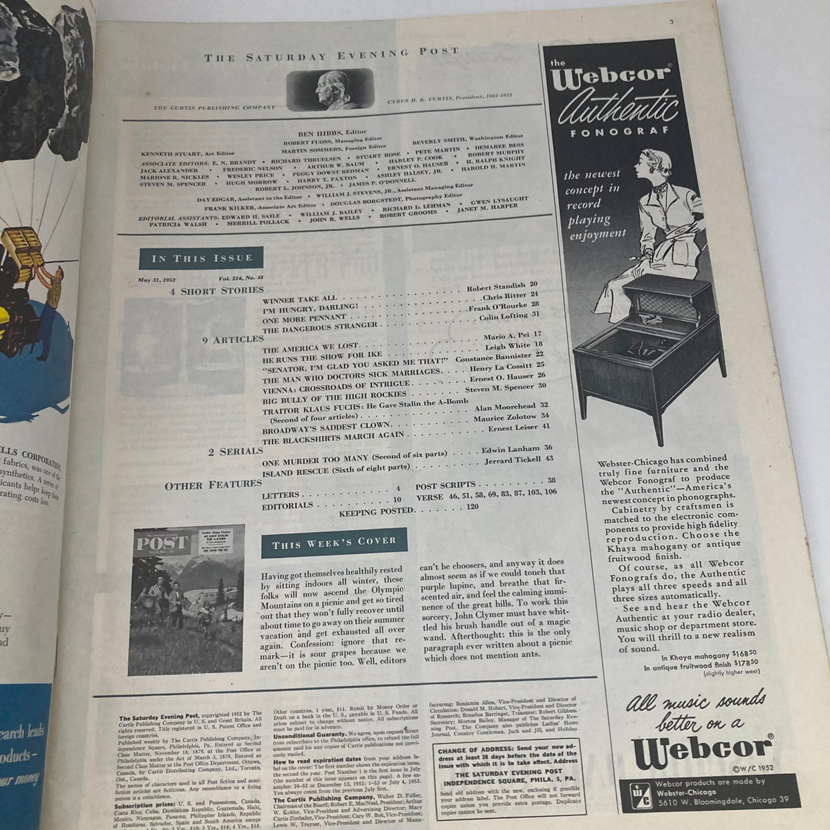 Inside page of the Saturday Evening Post Magazine from May 31, 1952 showcasing editorial contents and articles, including commentary on this week's cover.