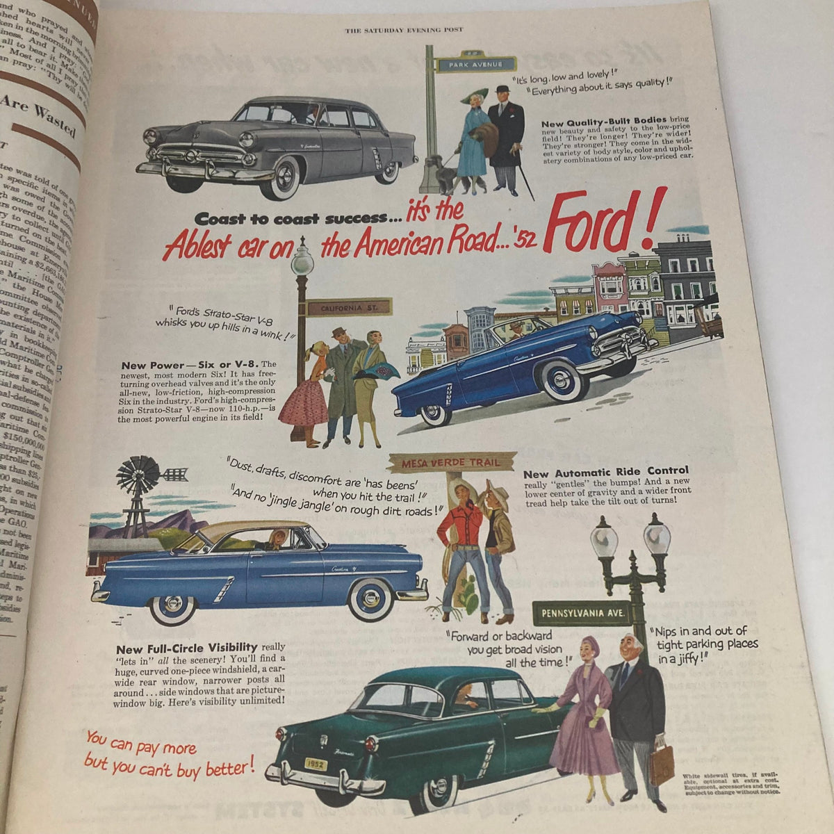 Advertising page in the Saturday Evening Post Magazine, May 31, 1952, promoting Ford automobiles with vibrant illustrations of various models.