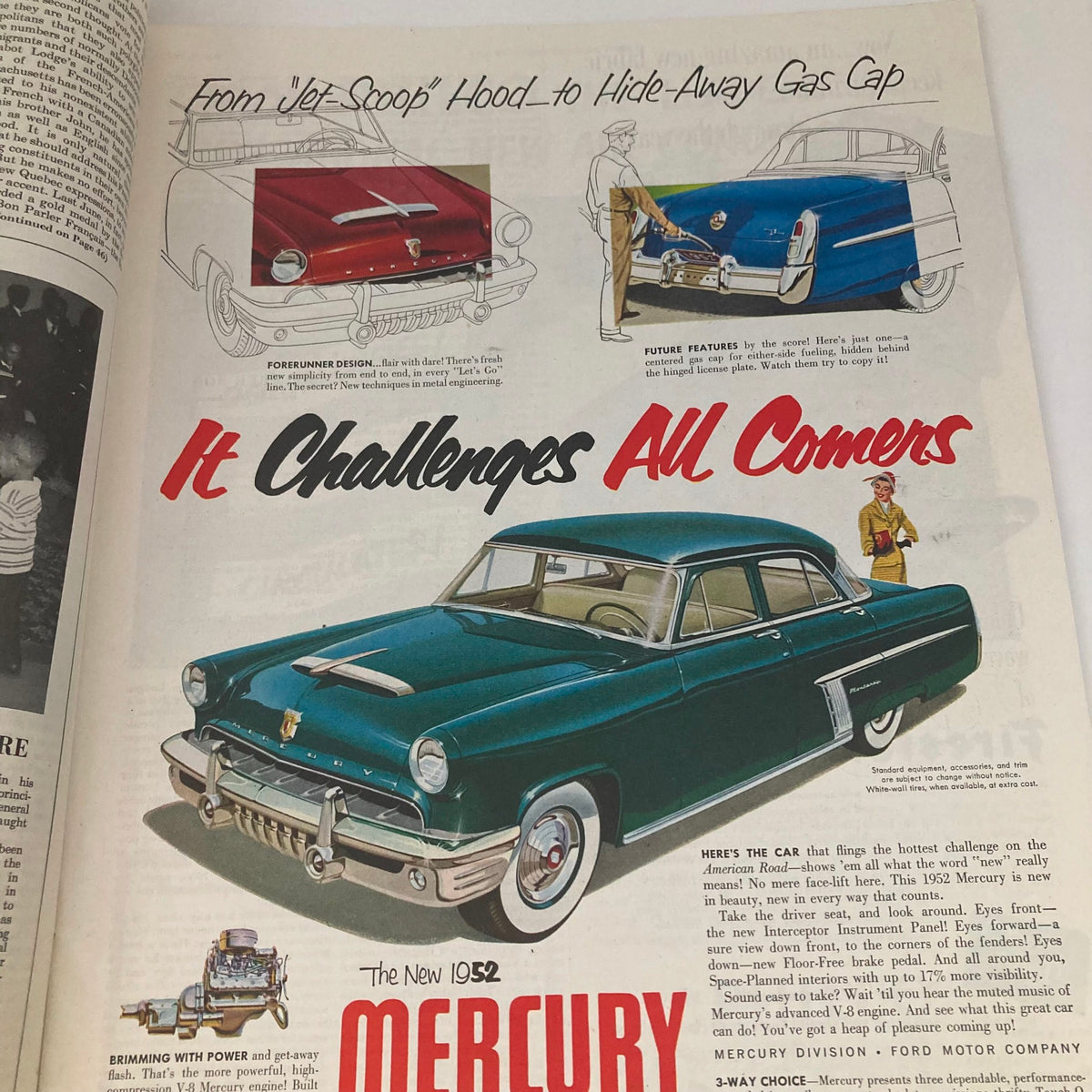 1952 Mercury advertisement showcasing a classic car design with the slogan 'It Challenges All Comers', featured in the Saturday Evening Post Magazine May 31 1952.