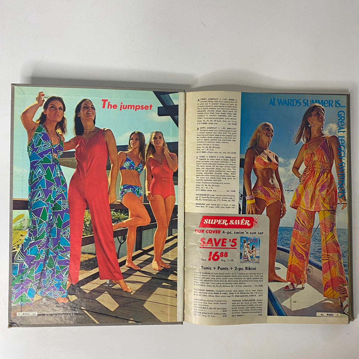 Inside pages of the 1971 Montgomery Ward Summer Catalog featuring women in summer clothing such as jumpsuits and bikinis, illustrating trendy 1970s fashion.