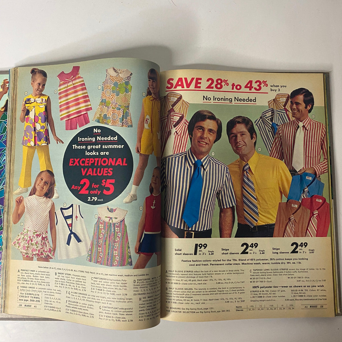 Inside pages of the 1971 Montgomery Ward Summer Catalog displaying summer styles for men and women, including casual clothing and striped shirts.