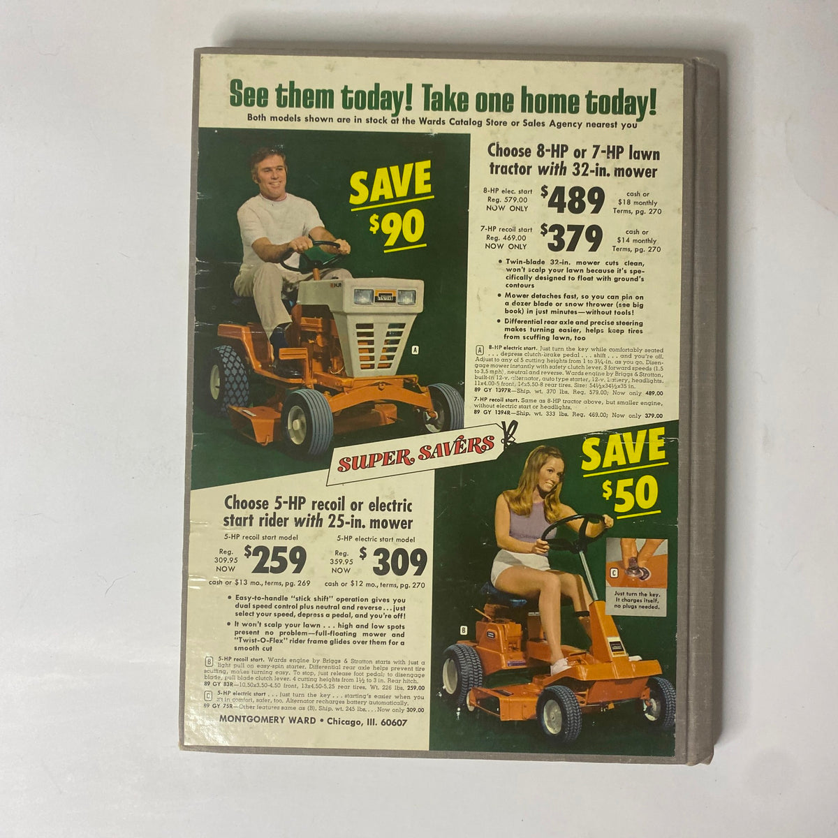 1971 Montgomery Ward Summer Catalog back cover displaying outdoor lawn tractors and riders with promotional savings, representing summer leisure activities.