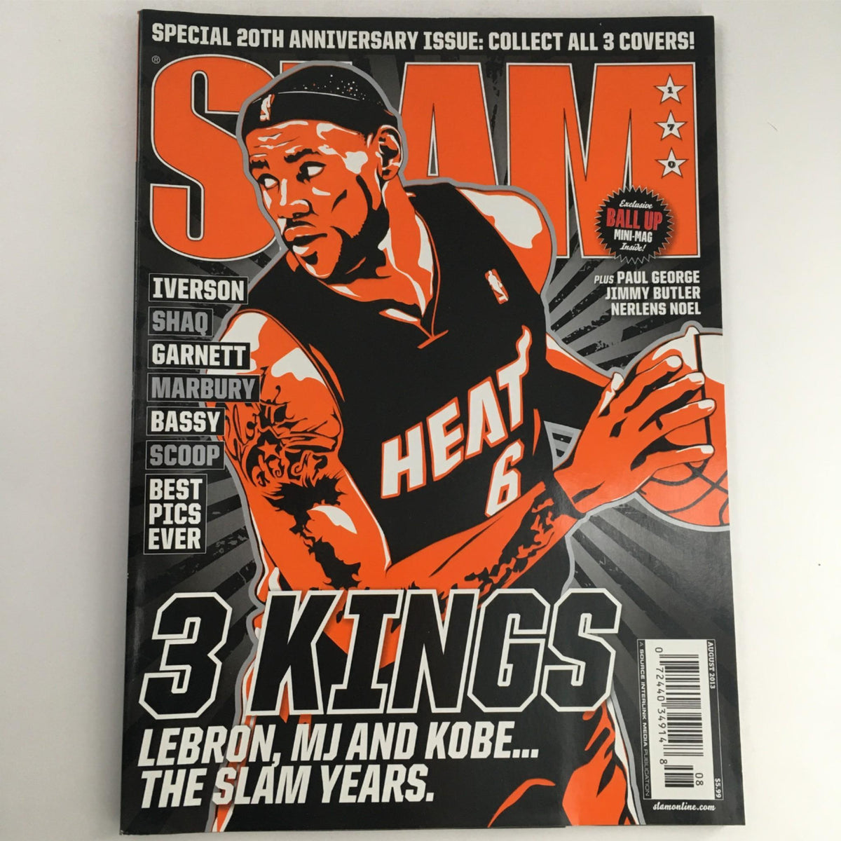 Cover of Slam Magazine August 2013 titled '3 Kings: LeBron, MJ and Kobe' featuring LeBron James in a striking design, showcasing the iconic trio of basketball legends.