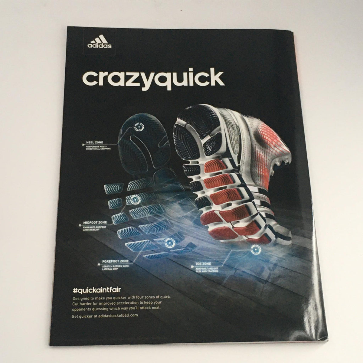 Adidas Crazyquick shoe advertisement showcasing innovative four-zone technology. Part of the Slam Magazine August 2013 3 Kings: LeBron, MJ, and Kobe collection.