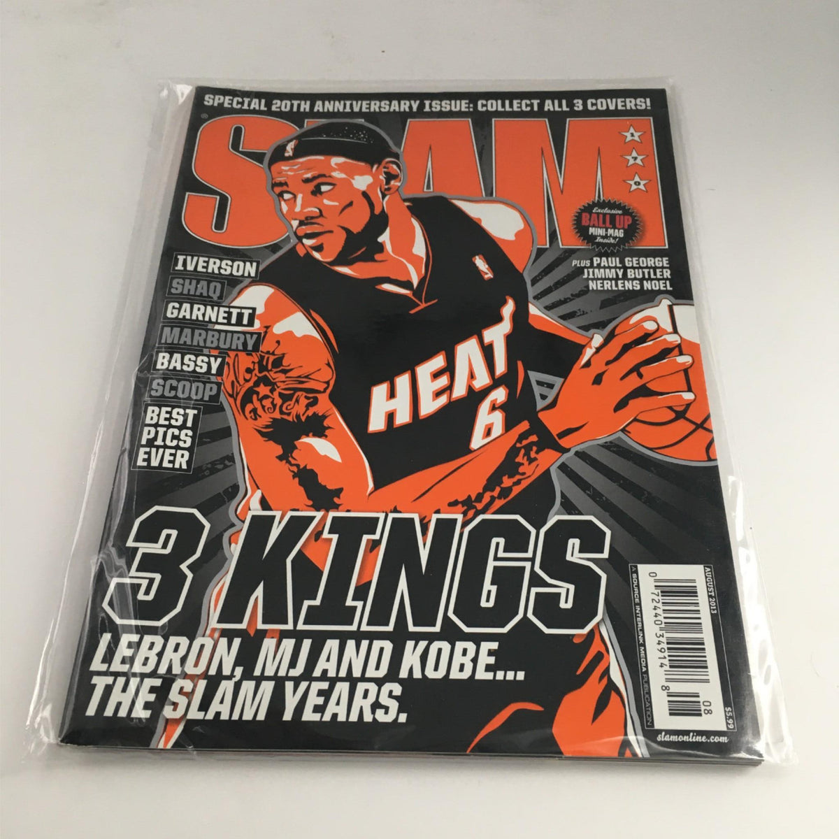 Cover of Slam Magazine August 2013 featuring LeBron James in a Miami Heat jersey, highlighting the 3 Kings: LeBron, MJ, and Kobe. Celebrate basketball legends with this collectible issue.