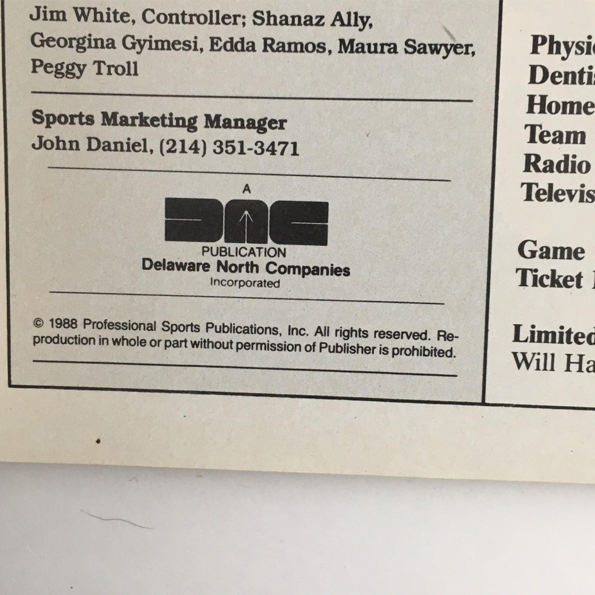 Detailed view of the Houston Rockets 1988-89 Directory page from the 1988 Hoop Magazine Michael Jordan, Houston Rockets Directory NBA. Includes staff names and information.