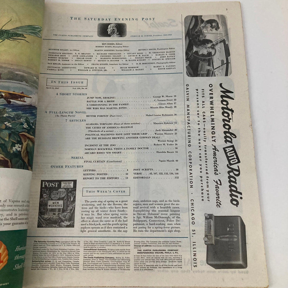Inside page of the Saturday Evening Post Magazine April 12, 1947, showcasing the table of contents and advertisements, highlighting the cultural context and articles featured in that issue.