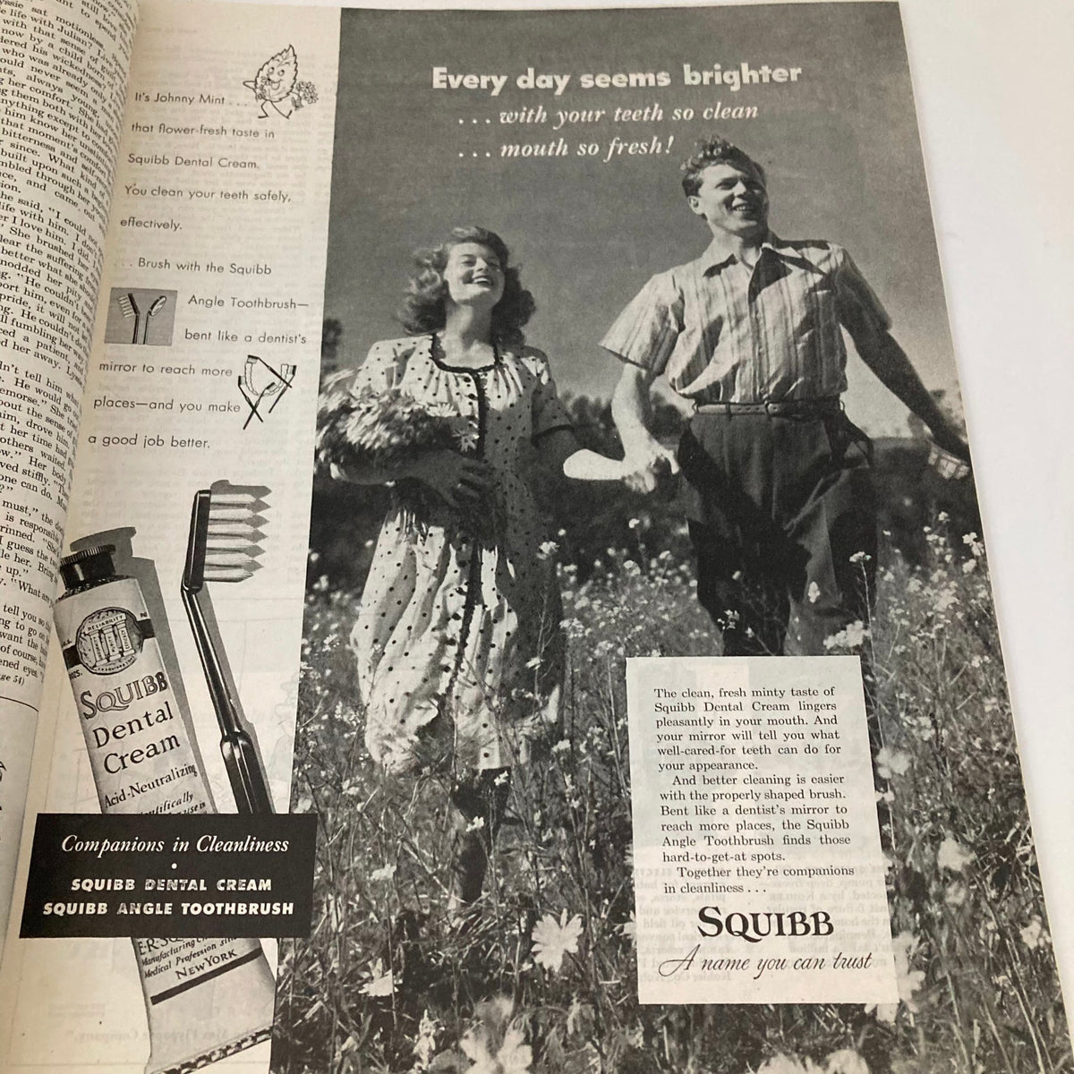 Advertisement for Squibb Dental Cream showcasing a couple enjoying a day outdoors in the Saturday Evening Post Magazine April 12, 1947.