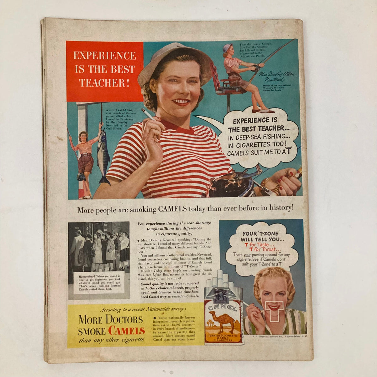 Vintage advertisement for Camel cigarettes, featuring a woman in a striped shirt holding fishing gear in the Saturday Evening Post Magazine April 12, 1947.