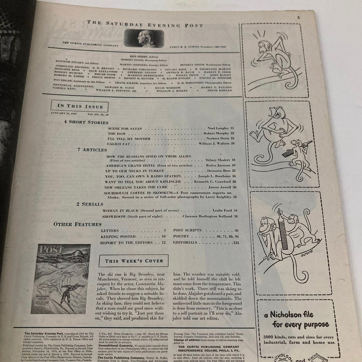 Contents page of Saturday Evening Post Magazine January 25, 1947, listing articles and features, including 'How the Russians Spied on Their Allies' and 'Scene for Satan'.