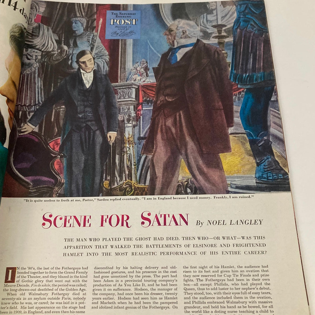 Illustration from 'Scene for Satan', published in the Saturday Evening Post Magazine January 25, 1947, showcasing dramatic characters and setting.
