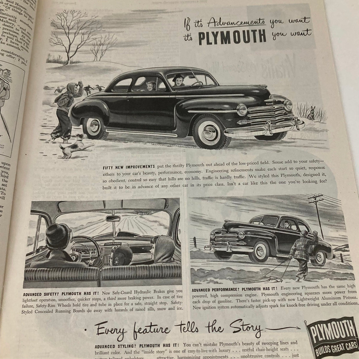 Saturday Evening Post Magazine January 25 1947 Big Bromley - Alajalov No Label - Advertisement for Plymouth showcasing a classic car with families enjoying road trips, illustrating automotive advancements of the era.