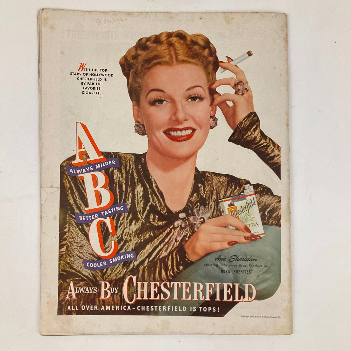 Saturday Evening Post Magazine January 25 1947 Big Bromley - Alajalov No Label - Chesterfield cigarette advertisement with a glamorous model, emphasizing 1940s advertising style and culture.