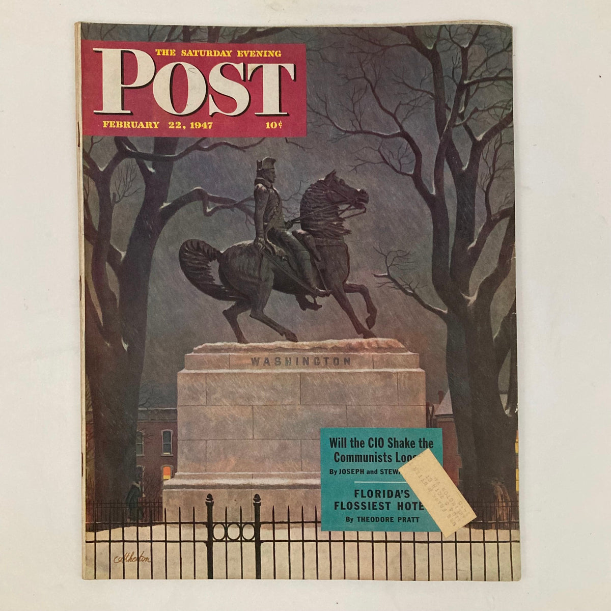Cover of the Saturday Evening Post magazine dated February 22, 1947, featuring a beautiful illustration by John Atherton of the Washington statue, showcasing mid-20th century artistry and culture.