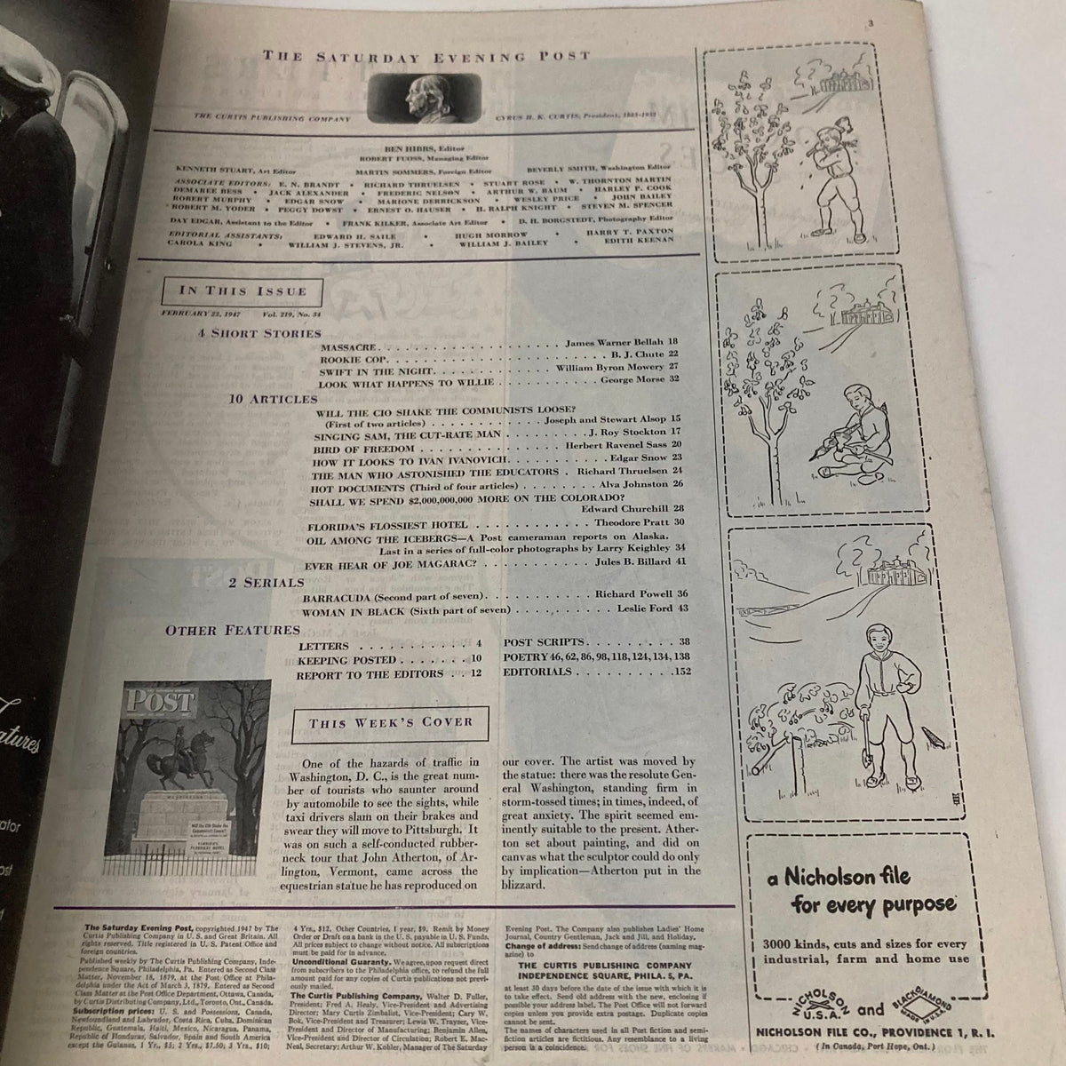 Interior page from the Saturday Evening Post magazine, February 22, 1947, revealing the table of contents and features including articles and stories reflecting the social and political climate of the era.