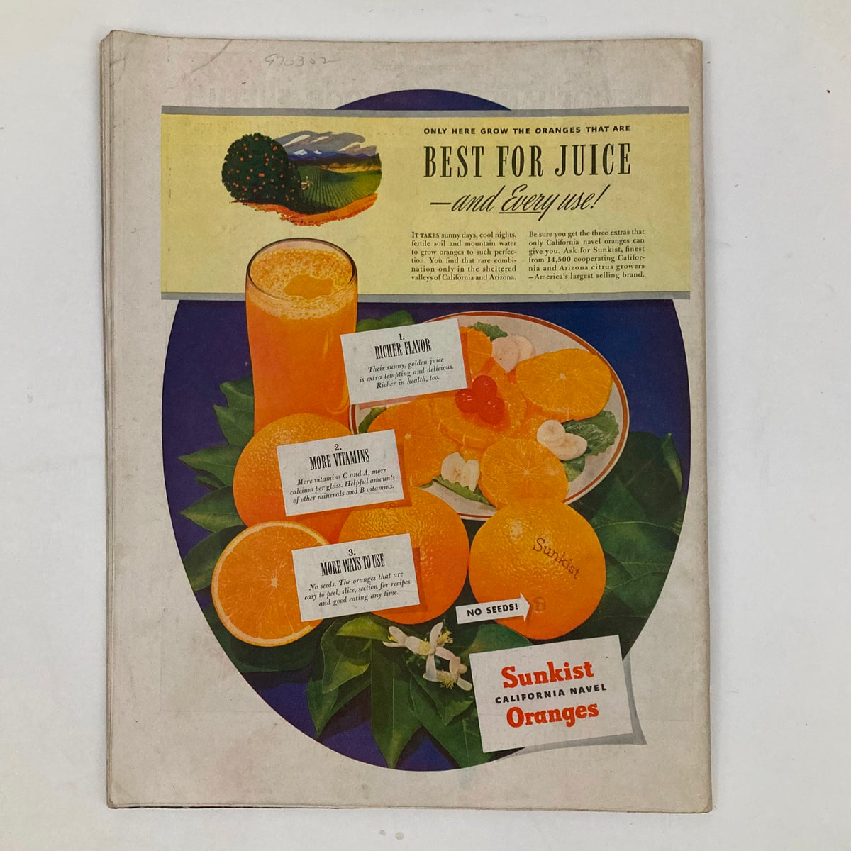 Promotional graphic for Sunkist California Navel Oranges highlighting the benefits and uses of the fruit, from the Saturday Evening Post magazine dated February 22, 1947.