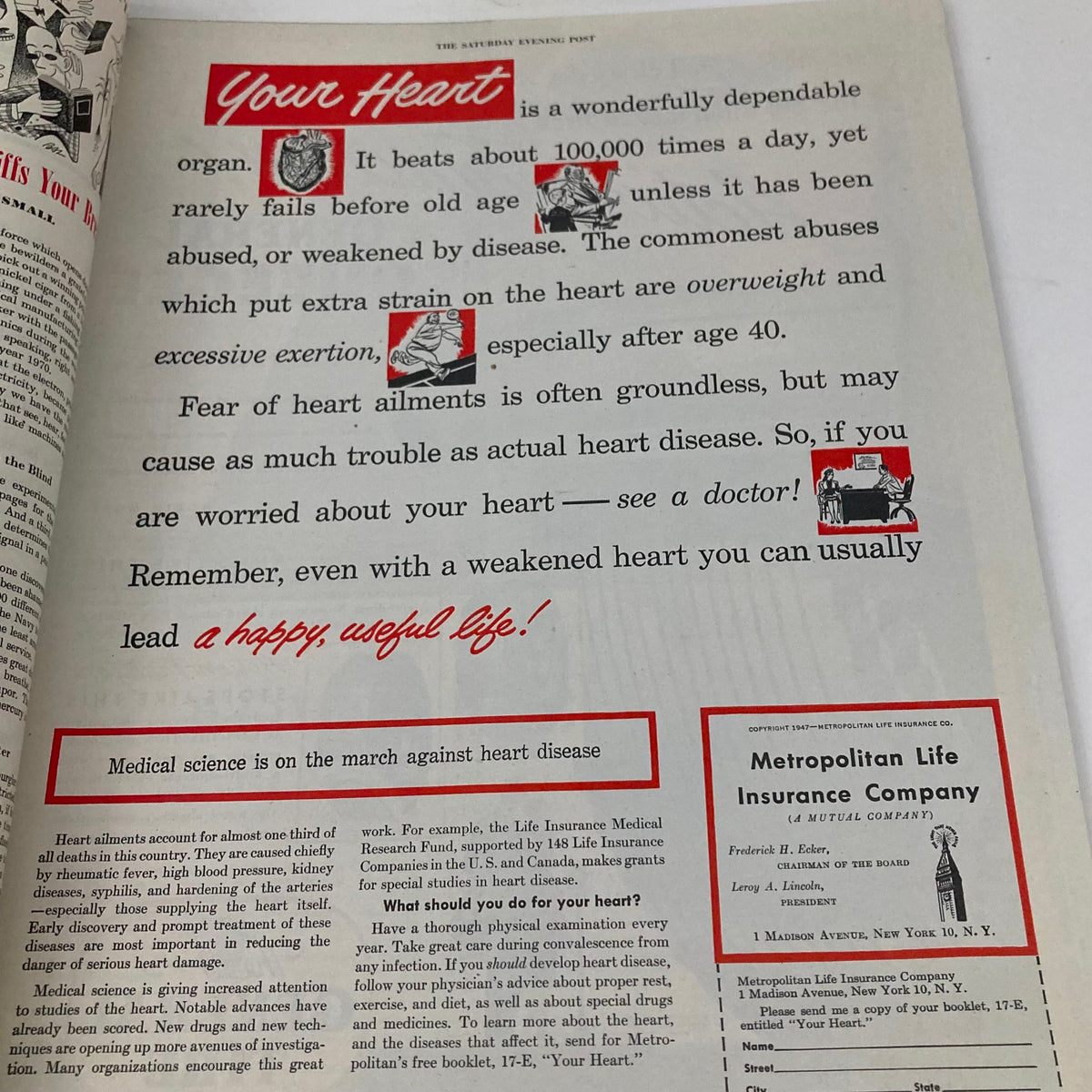 Interior page from the Saturday Evening Post Magazine January 18 1947 featuring an article titled 'Your Heart' discussing heart health and medical advice. The page highlights heart-related facts and includes illustrations and advertisements.