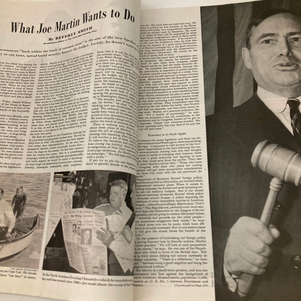 Interior page from the Saturday Evening Post Magazine January 18 1947 featuring an article titled 'What Joe Martin Wants to Do' by Beverly Smith. The page includes text discussing political insights and images of Joe Martin.