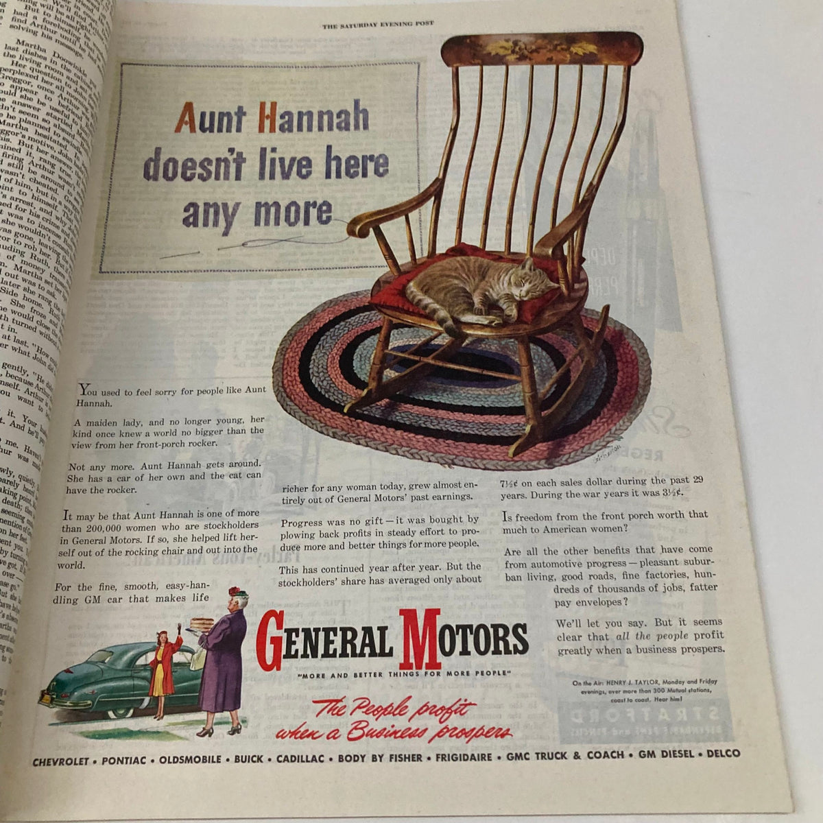 Interior page from the Saturday Evening Post Magazine January 18 1947 displaying an advertisement featuring a rocking chair with the text 'Aunt Hannah doesn't live here any more'. This page describes the evolving roles of women and consumer culture.