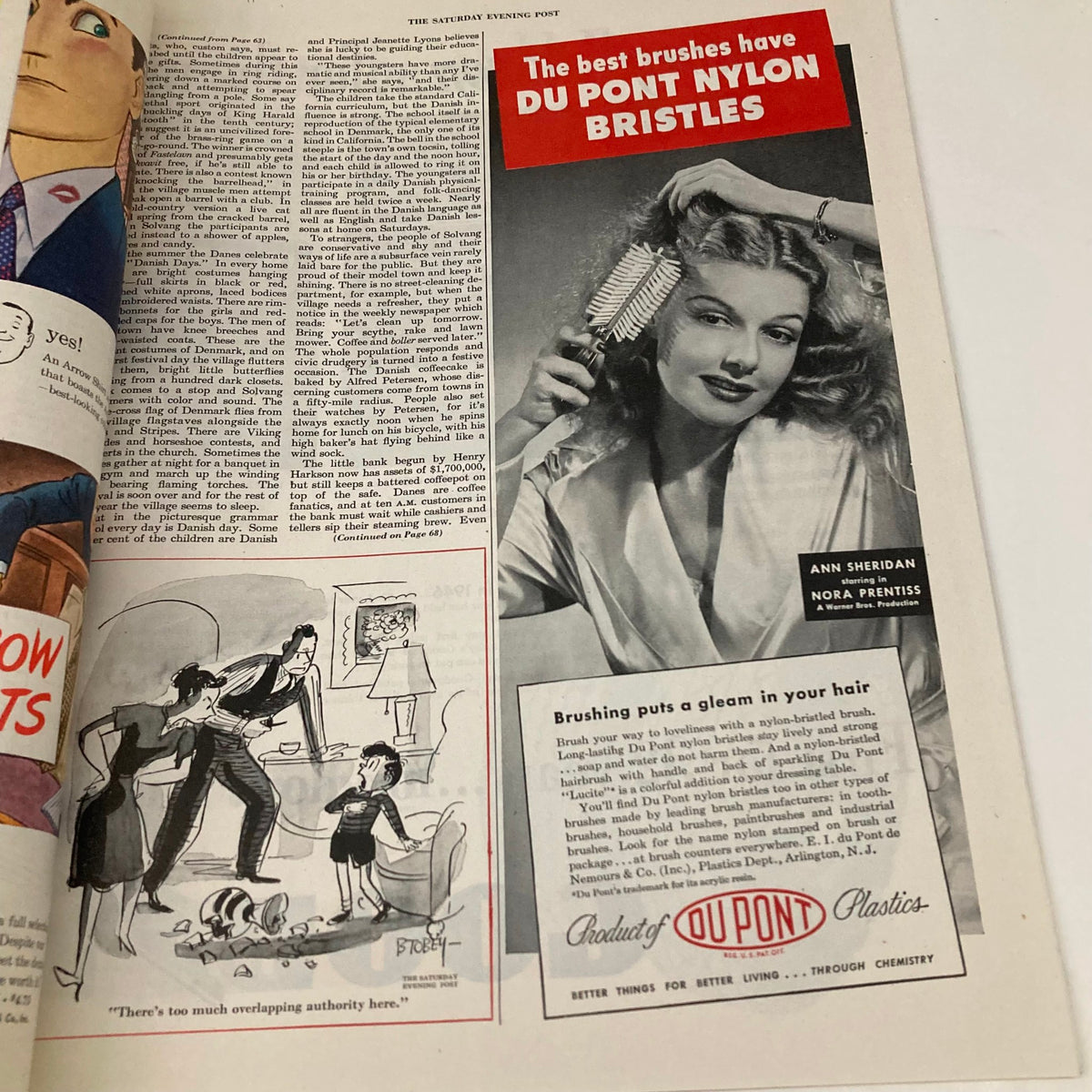 Interior page from the Saturday Evening Post Magazine January 18 1947 featuring an advertisement for Du Pont nylon bristles with a model brushing her hair. The ad promotes the quality of Du Pont brushes.