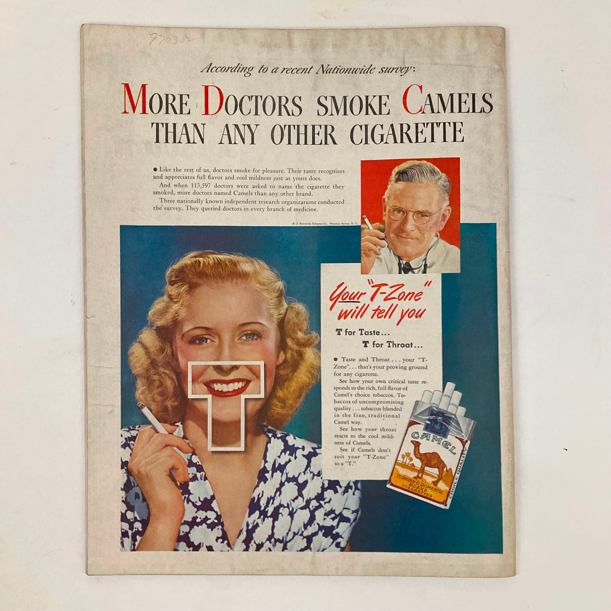 Interior page from the Saturday Evening Post Magazine January 18 1947 displaying an advertisement for Camel cigarettes, featuring a smiling woman enjoying a cigarette and a physician endorsing the brand. The text discusses a survey about doctors' preferences.