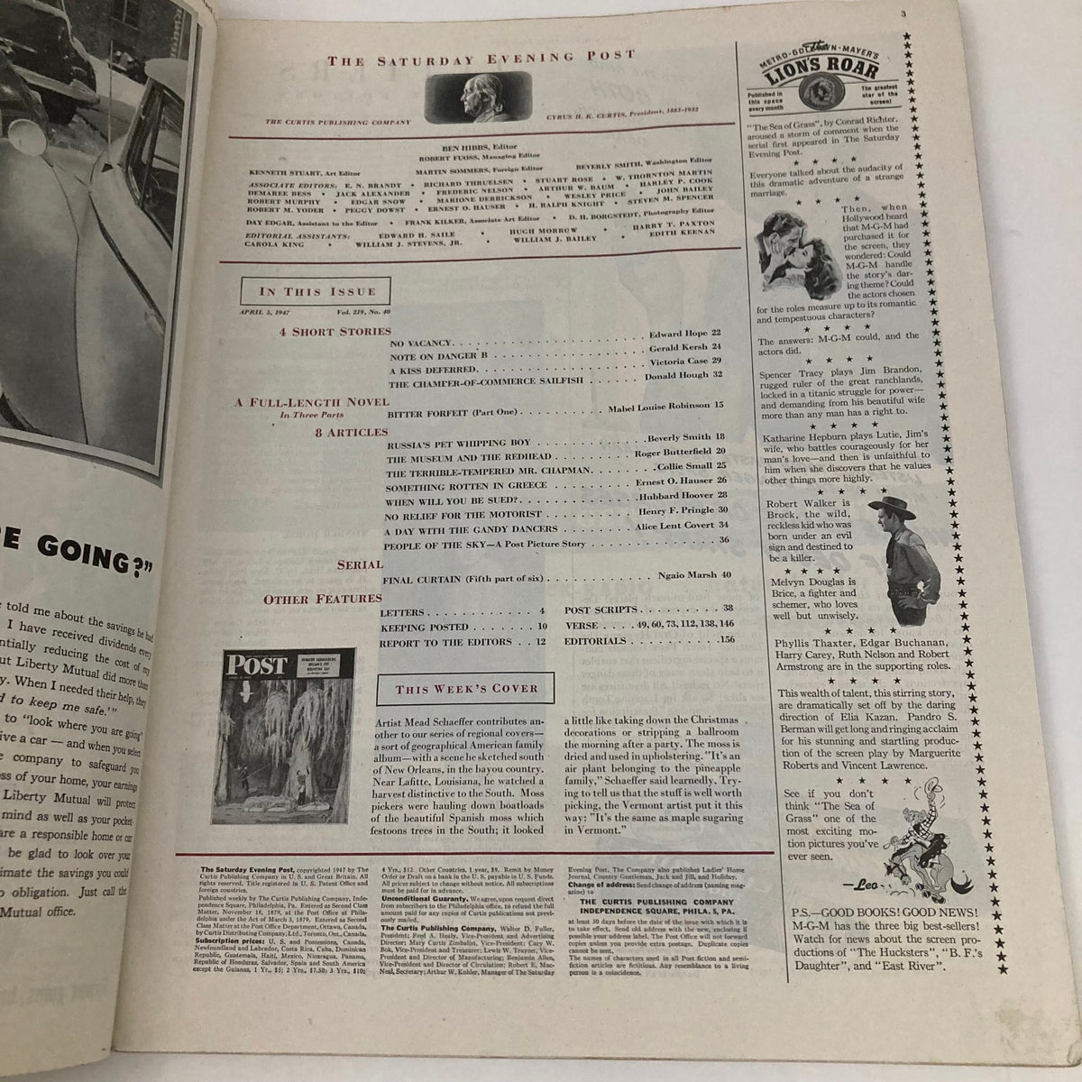 Interior page of the Saturday Evening Post Magazine from April 5, 1947, listing articles and features including a notable discussion on cultural topics of the time.