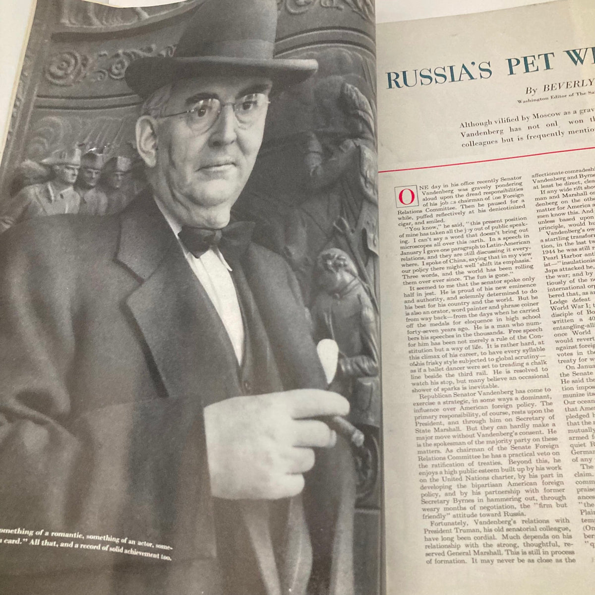 Portrait of Senator Vandenberg featured in the Saturday Evening Post Magazine April 5, 1947, accompanying the article 'Russia’s Pet Whipping Boy' by Beverly Smith.