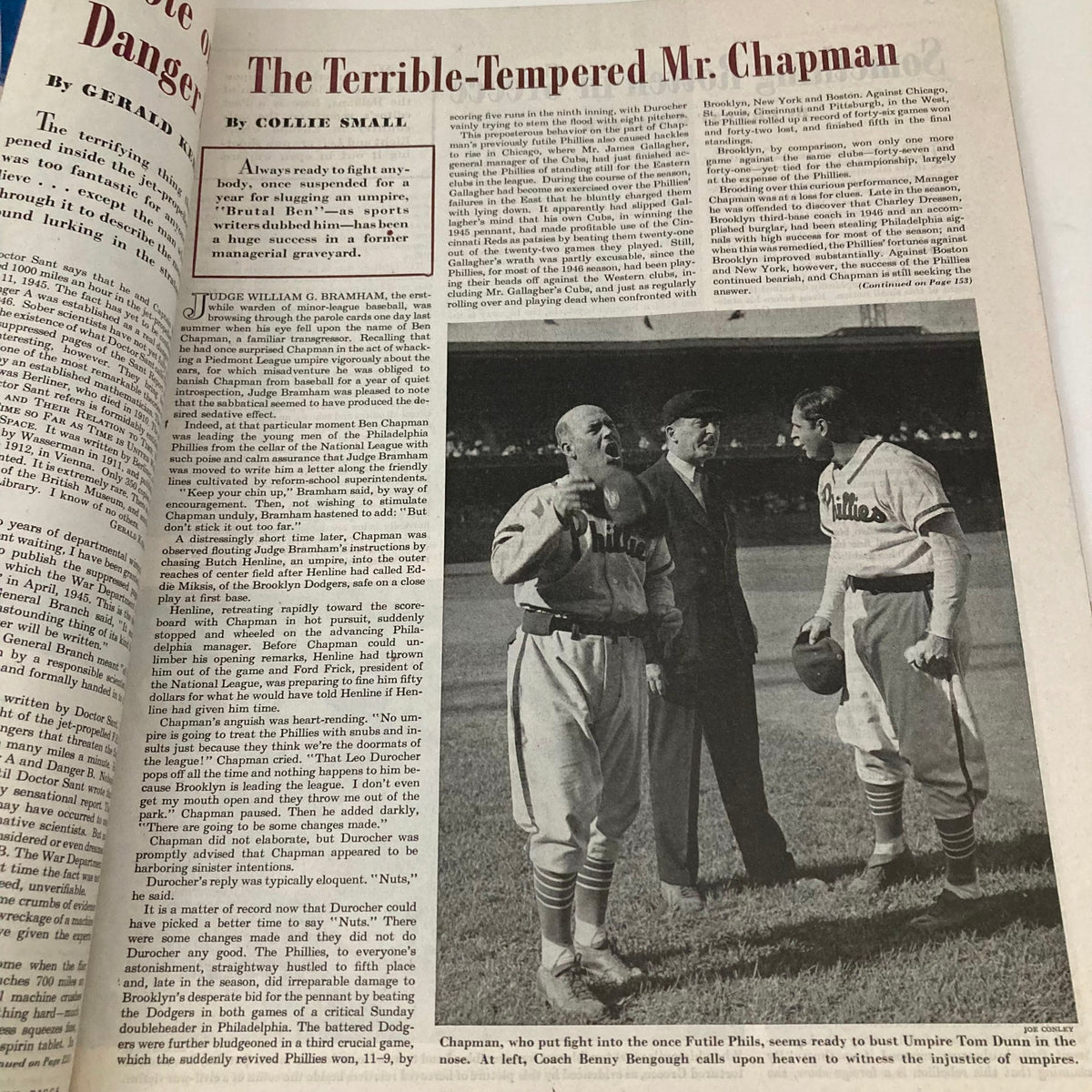 Article titled 'The Terrible-Tempered Mr. Chapman' in the Saturday Evening Post Magazine April 5, 1947, featuring historical baseball images and narrative.