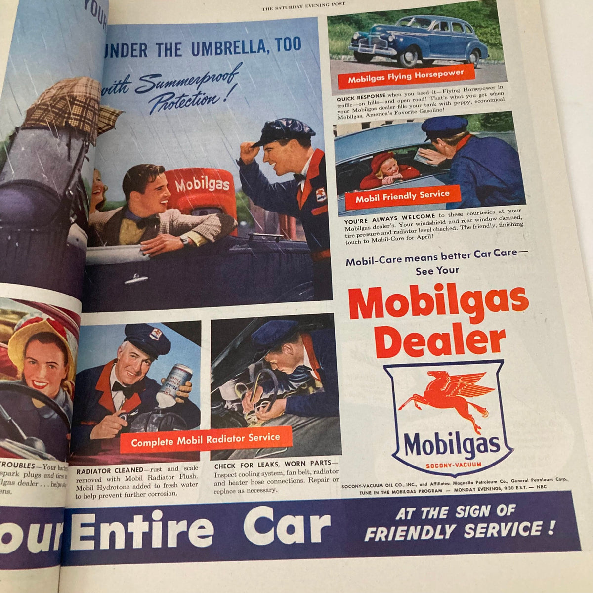 Advertisement for Mobilgas in the Saturday Evening Post Magazine dated April 5, 1947, showcasing automotive care services and promotional offers.