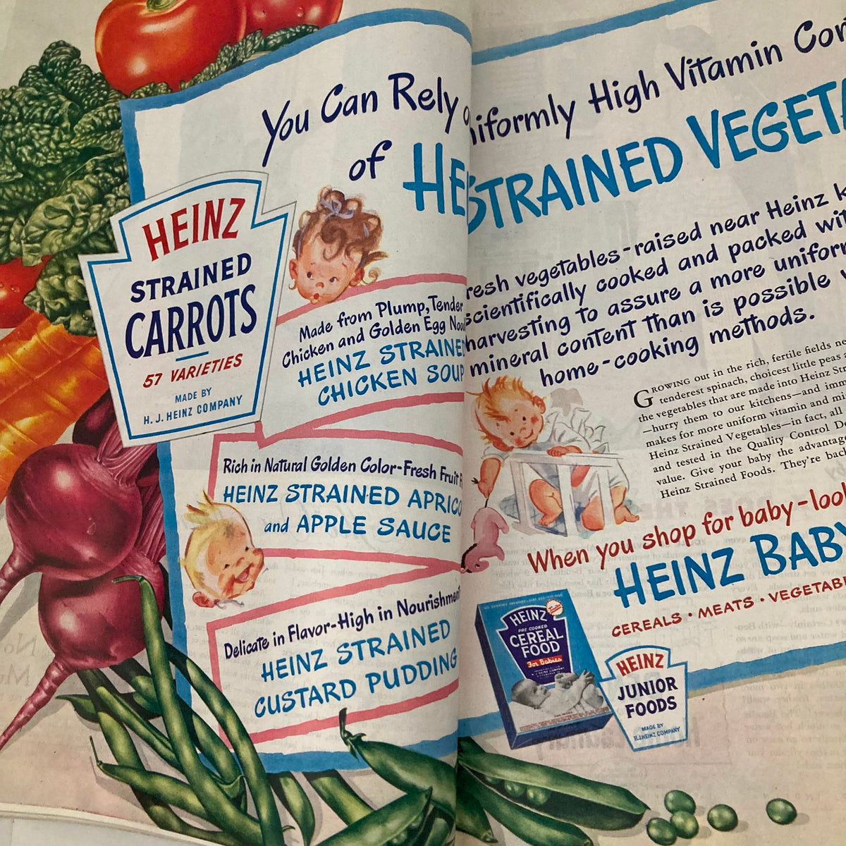 Heinz Strained Carrots advertisement featured in the Saturday Evening Post Magazine April 5, 1947, showcasing vibrant illustrations of baby food and vegetables.