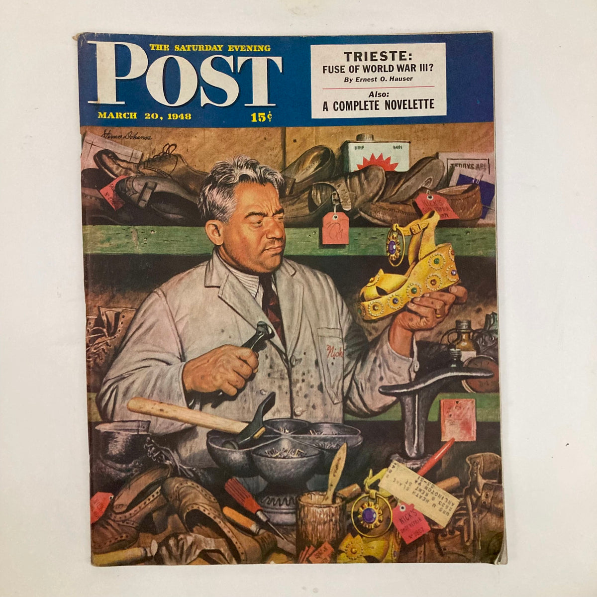 Cover of Saturday Evening Post Magazine, March 20, 1948, featuring artwork titled 'Nick Germania' by Stevan Dohanos, depicting a shoemaker in a workshop.