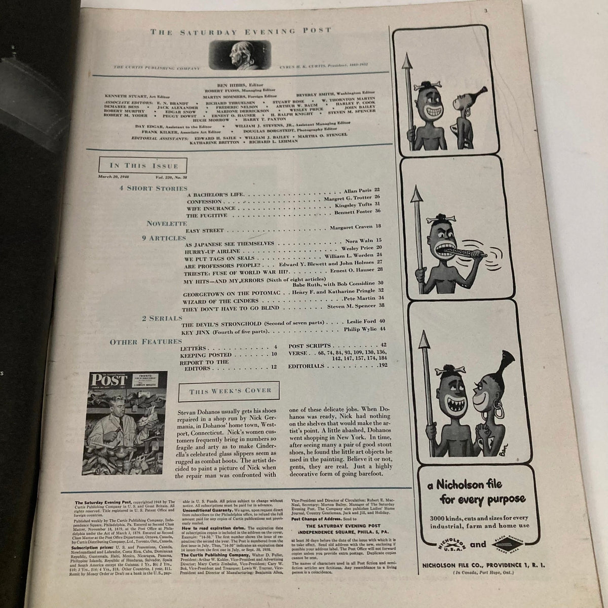 Interior page of the Saturday Evening Post Magazine, March 20, 1948, showcasing the table of contents and articles including a discussion on World War II.
