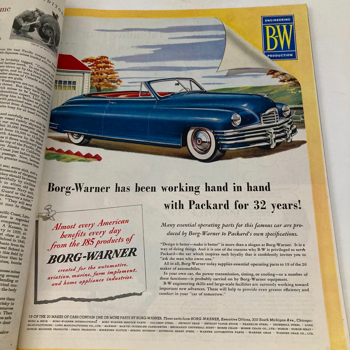 Advertisement in the Saturday Evening Post Magazine, March 20, 1948, for Borg-Warner featuring a classic Packard convertible car.