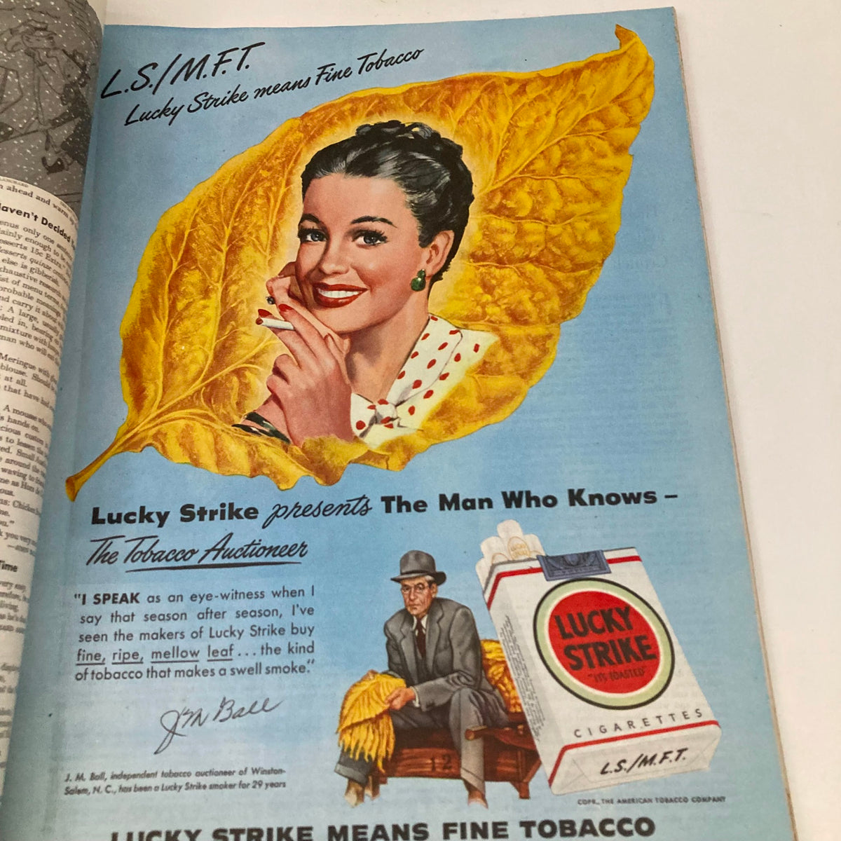 Vibrant advertisement in the Saturday Evening Post Magazine, March 20, 1948, promoting Lucky Strike cigarettes with a woman holding a tobacco leaf.