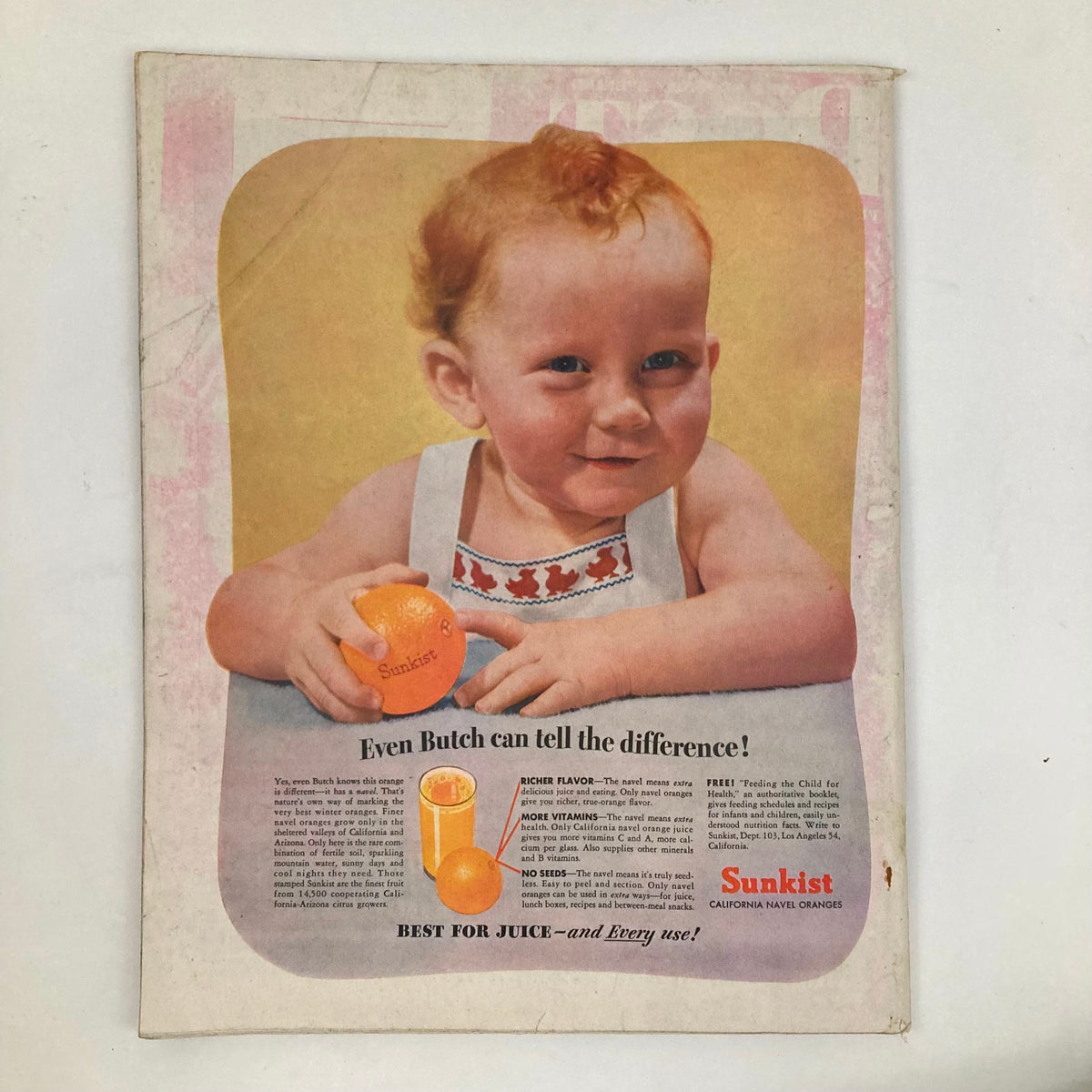 Vintage advertisement for Sunkist oranges featuring a smiling baby holding an orange, from Saturday Evening Post Magazine March 20 1948, emphasizing freshness and flavor.