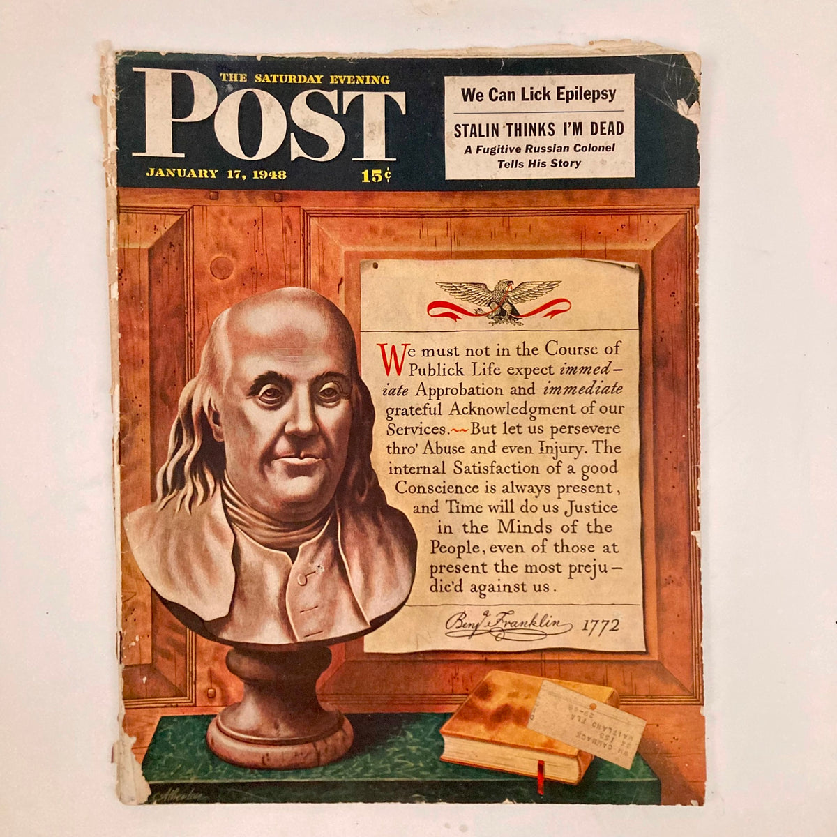 Cover of Saturday Evening Post Magazine January 17 1948 featuring a bust of Benjamin Franklin, with articles about public life and politics.