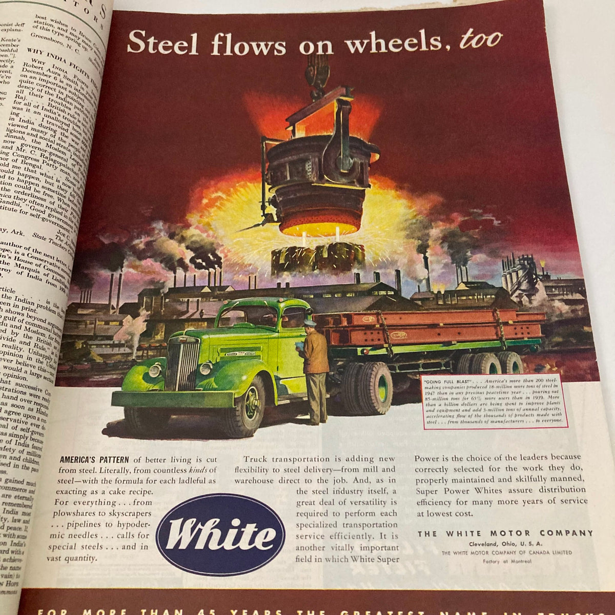 Advertisement from the January 17, 1948 Saturday Evening Post magazine featuring a green truck by White Motor Company, emphasizing steel transportation, surrounded by an industrial landscape.