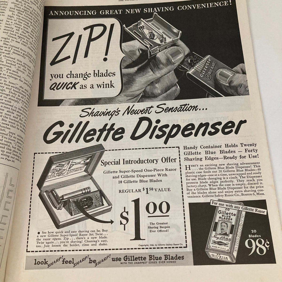 Advertisement for the Gillette Dispenser featuring a hand changing razor blades, from the January 17, 1948 Saturday Evening Post magazine, highlighting shaving convenience.