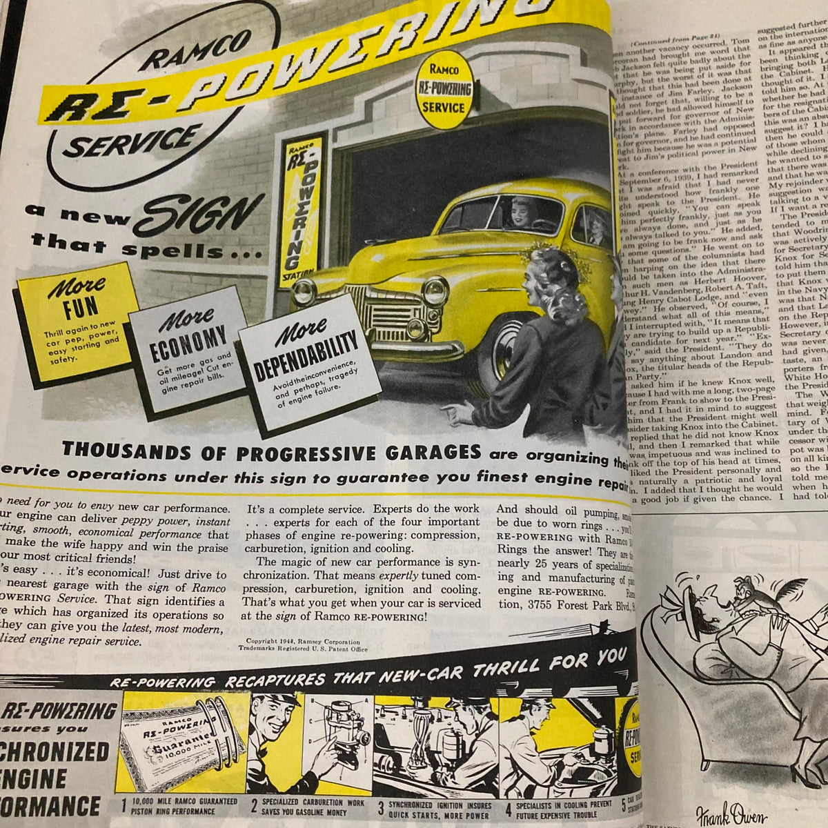 Advertisement from Saturday Evening Post Magazine June 5 1948 for Ramco Re-Powering Service, featuring a yellow car and highlighted benefits of engine performance.