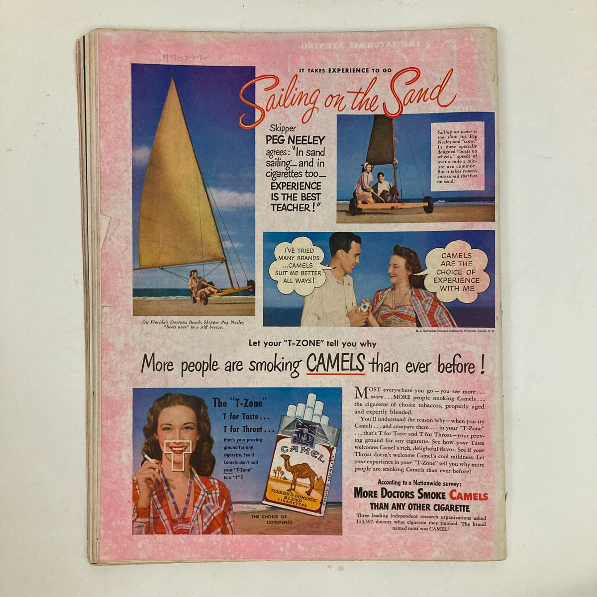 Page from Saturday Evening Post Magazine June 5 1948 promoting Camel cigarettes with a visual advertisement emphasizing experience in sailing and tobacco.